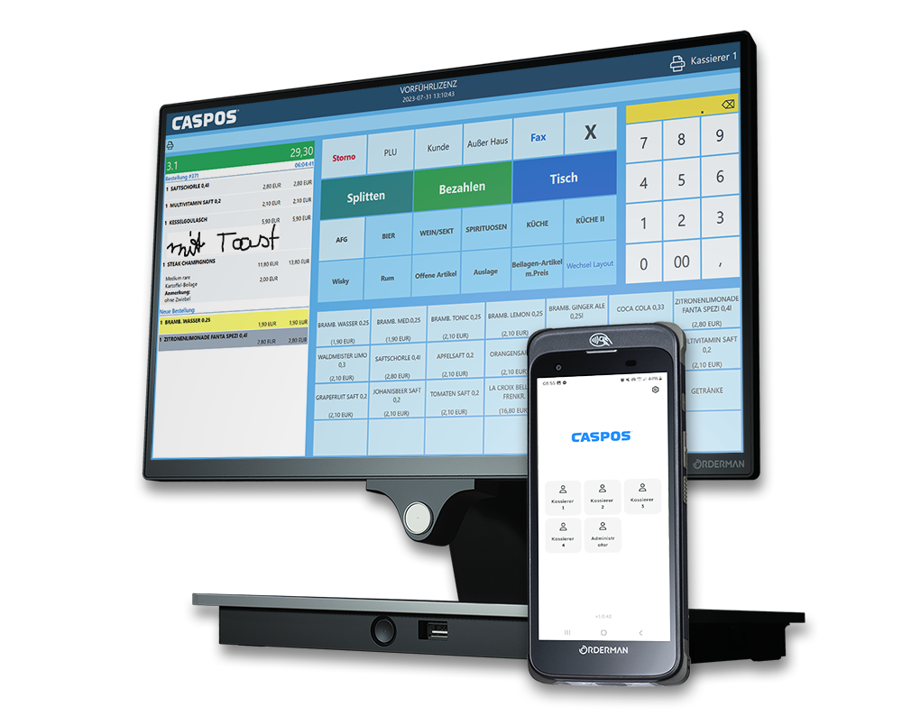 Orderman Kassen-PC mit CASPOS Gastro-Software und ein Orderman Android Handheld mit CASPOS Order App